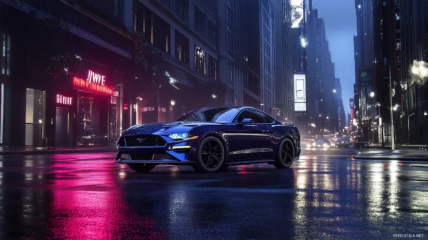 A modern Ford Mustang Mach 1 in dark blue, parked on a sleek urban street with city lights reflecting off its polished surface .