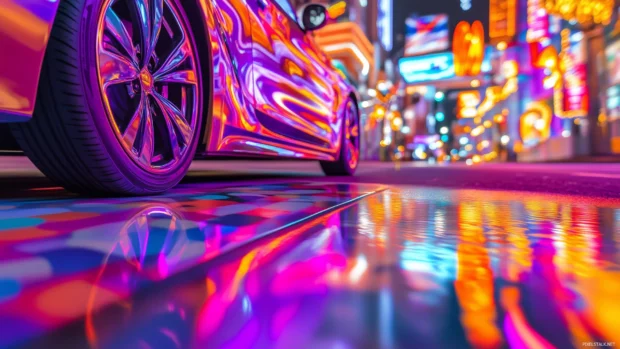 A modern car HD wallpaper with vibrant neon lights on its wheels and body, reflecting colorful patterns as it cruises down an empty neon lit streey.