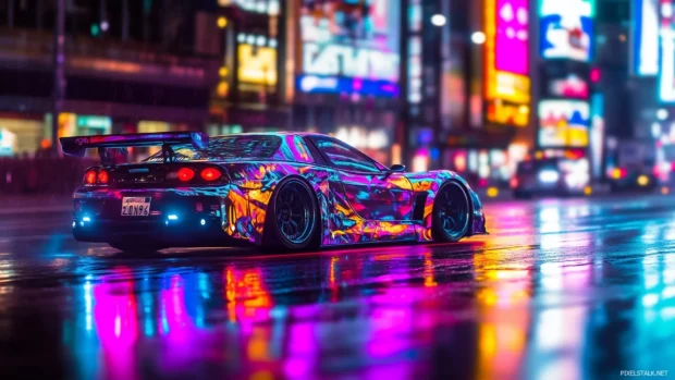 A modern car with vibrant neon lights on its wheels and body, reflecting colorful patterns as it cruises down an empty neon lit street, with streetlights and billboards glowing in the background.