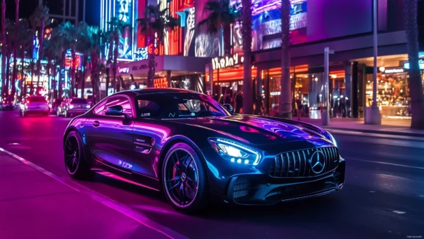 A modern luxury car on a neon lit city street at night, with vibrant purple and blue tones.