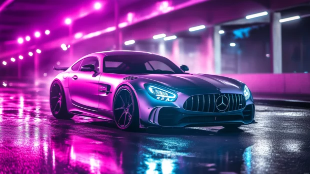 A modern luxury car on a neon lit city street at night, with vibrant purple and blue tones creating a captivating aesthetic atmosphere.