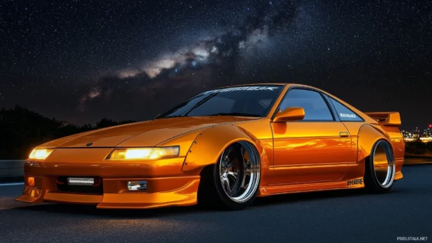 A modified JDM car 4Kwallpaper with wide body kits, lowered suspension.