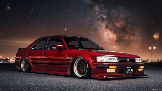 A modified JDM car with wide body kits, lowered suspension, and neon lights under a starry night sky.