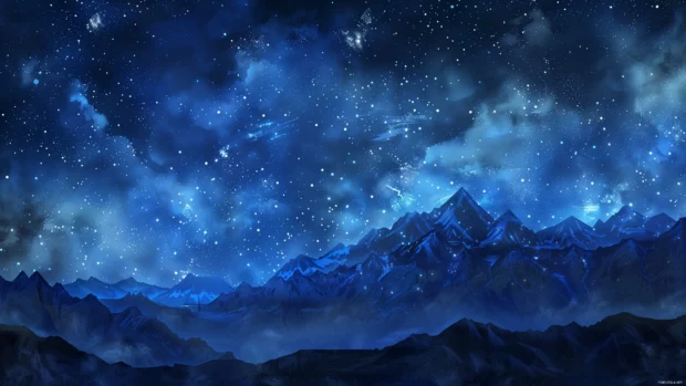 A mountain range under a cool blue starry sky.