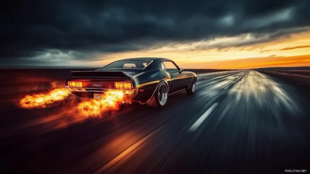 A muscle car wallpaper with a roaring engine and flames coming out of the exhaust, racing down an empty highway at dusk.