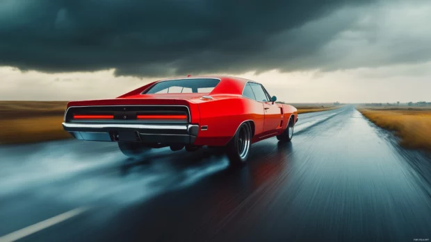 A muscle car with its engine roaring on a deserted highway under stormy skies.