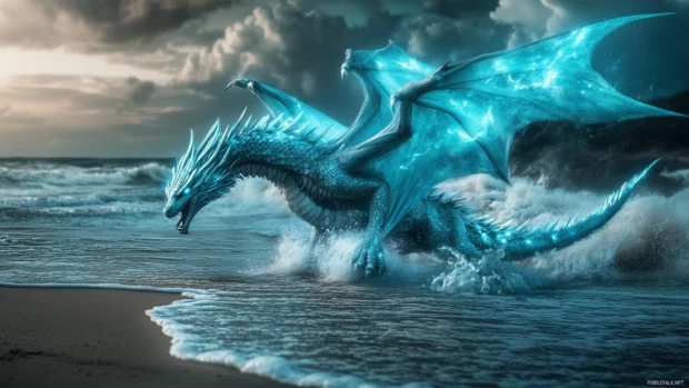 A mystical blue Dragon emerging from the ocean.