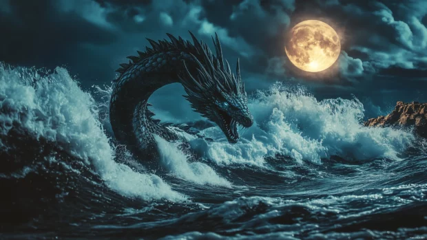 A mystical blue Dragon emerging from the ocean, its serpentine body glowing in the moonlight.