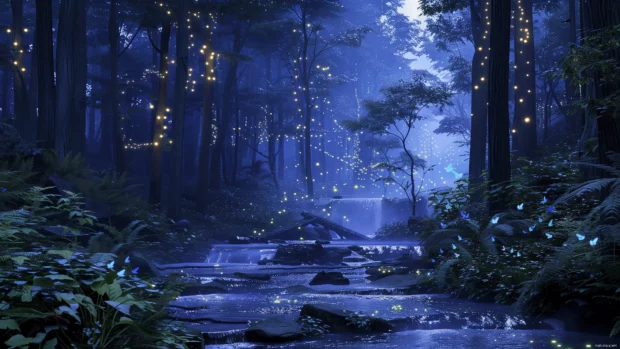 A mystical forest at dusk with cool blue fireflies.