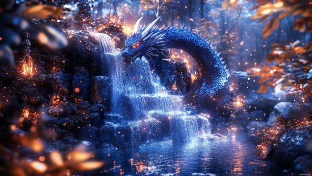 A mythical dragon protecting an enchanted waterfall, with magical lights and sparkling water surrounding the scene.