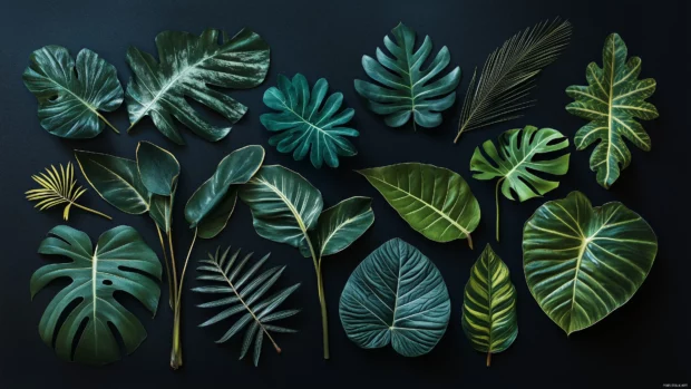 A natural overhead view of various tropical leaves.