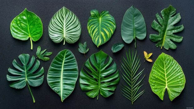 A natural overhead view of various tropical leaves, including monstera, philodendron, and palm leaves.