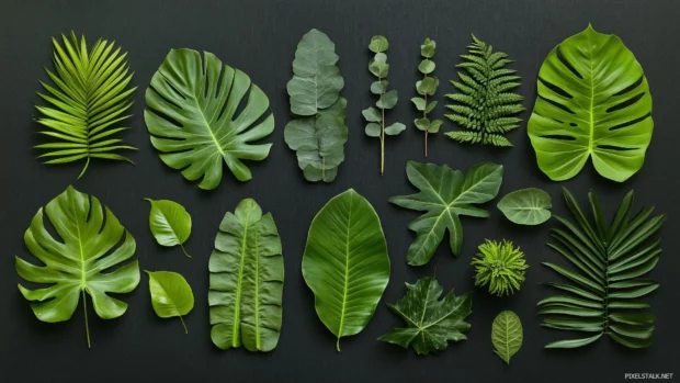 A natural overhead view of various tropical leaves, including monstera, philodendron, and palm leaves, arranged in an artistic flat lay.