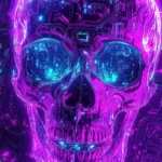 A neon pink skull with blue highlights, surrounded by wisps of glowing fog.