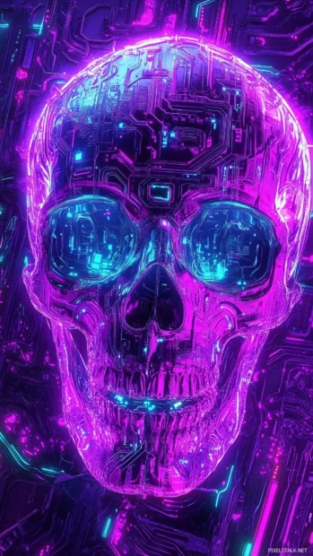 A neon pink skull with blue highlights, surrounded by wisps of glowing fog.