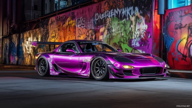 A neon purple Mazda RX 7, parked in front of a graffiti covered wall at night.