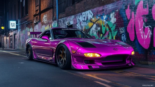 A neon purple Mazda RX 7, parked in front of a graffiti covered wall at night.