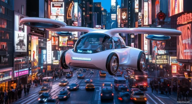 A nice 3D flying car soaring above a cyberpunk city, with glowing lights and towering neon buildings below .