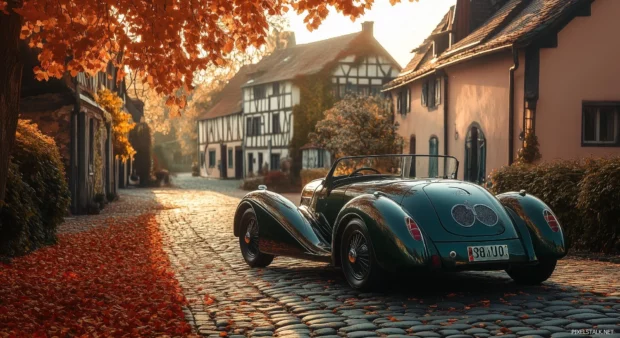 A nice car resting on a cobblestone street in a quaint village, bathed in soft golden hour light with a picturesque pastel background.