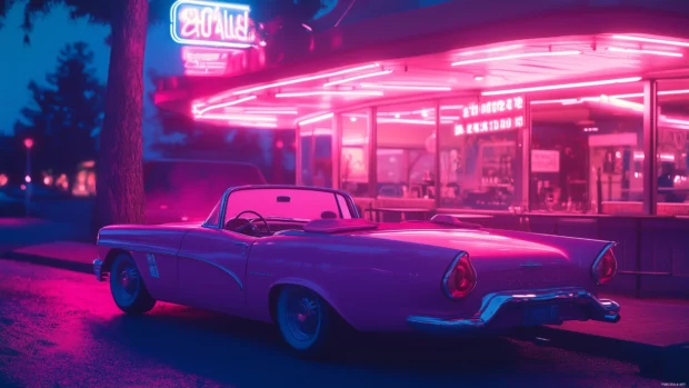 A nice classic car parked by a neon lit diner at night.