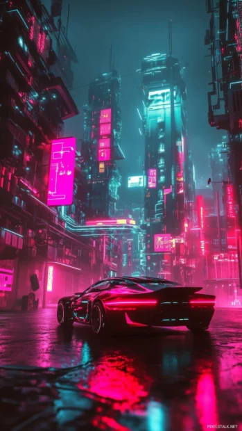 A nice concept car driving through a cityscape of neon lights and futuristic buildings .