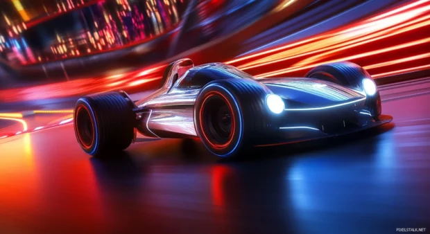 A nice electric race car with a sleek design, speeding through a neon lit city circuit at night.