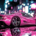 A nice pink car with sleek aerodynamic lines, driving through a neon lit cityscape at night, with reflections of the lights on its surface.