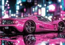 A nice pink car with sleek aerodynamic lines, driving through a neon lit cityscape at night, with reflections of the lights on its surface.