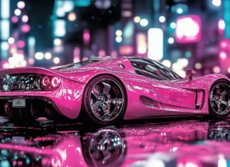 A nice pink car with sleek aerodynamic lines, driving through a neon lit cityscape at night, with reflections of the lights on its surface.