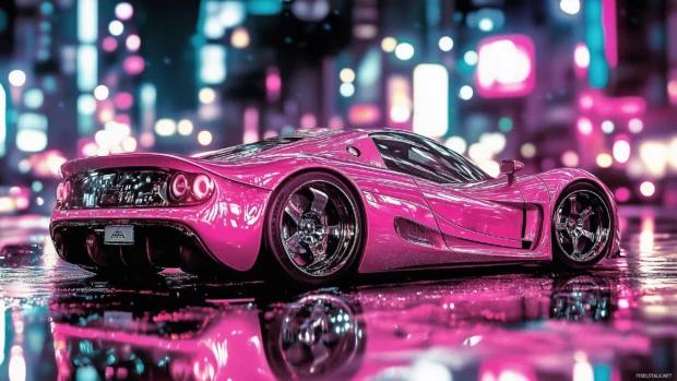 A nice pink car with sleek aerodynamic lines, driving through a neon lit cityscape at night, with reflections of the lights on its surface.