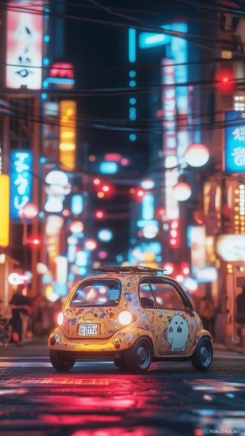 A nice round car with a cute animal themed paint job, driving through a colorful, animated cityscape .