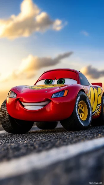 A nice toy like car wallpaper with oversized wheels and a cheerful expression, driving through a cartoonish landscape .