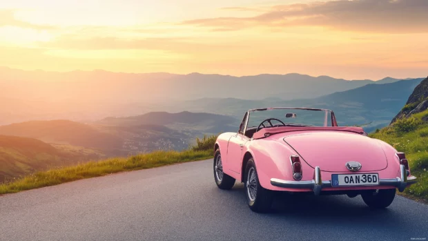 A nice vintage car parked on a scenic mountain road, surrounded by lush greenery and a soft sunset glow.