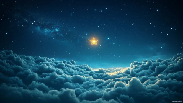 A night sky with a single, bright star shining through a break in the dark clouds.