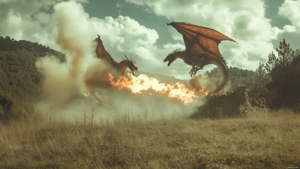 A pair of dragons locked in an epic battle above a medieval battlefield, one breathing fire while the other is made of shadow and smoke.