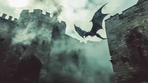 A pair of dragons locked in an epic battle above a medieval battlefield, one breathing fire while the other is made of shadow and smoke.