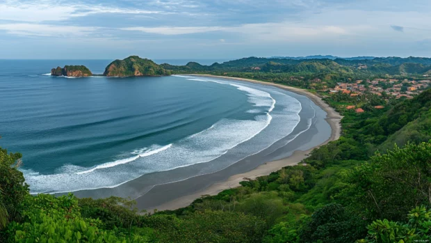 A panoramic view of a tranquil tropical island with pristine beaches and lush tropical greenery, small waves lapping against the shore.