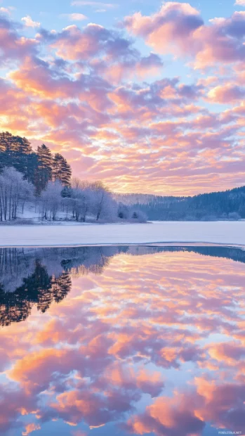 A panoramic view of cotton candy like clouds at sunrise, reflected on the still surface of a mountain lake.