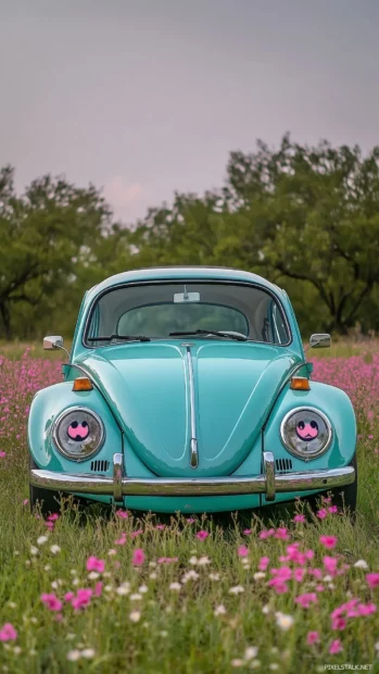 A pastel colored Volkswagen Beetle with adorable cartoon eyes, parked in a field of blooming flowers.