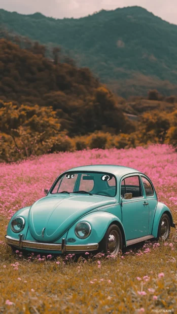 A pastel colored Volkswagen Beetle with adorable cartoon eyes, parked in a field of blooming flowers.