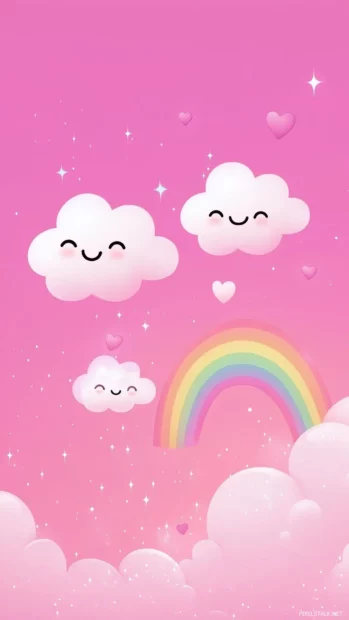 A pastel pink background with kawaii style smiling clouds, stars, and rainbows floating across the sky, adorned with hearts and sparkles.