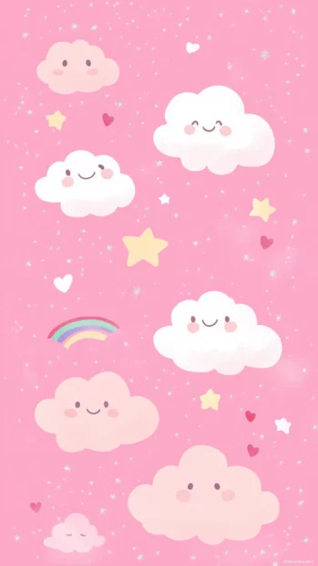 A pastel pink background with kawaii style smiling clouds, stars, and rainbows floating across the sky, adorned with hearts and sparkles.