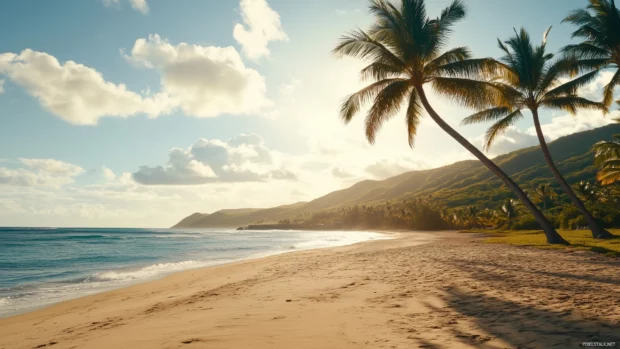 A peaceful tropical island at golden hour.