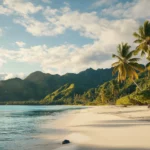 A peaceful tropical island at golden hour with warm sunlight casting long shadows on the soft sand, palm trees.