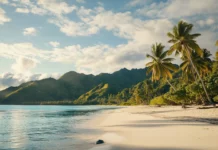 A peaceful tropical island at golden hour with warm sunlight casting long shadows on the soft sand, palm trees.