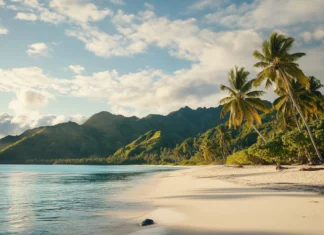 A peaceful tropical island at golden hour with warm sunlight casting long shadows on the soft sand, palm trees.