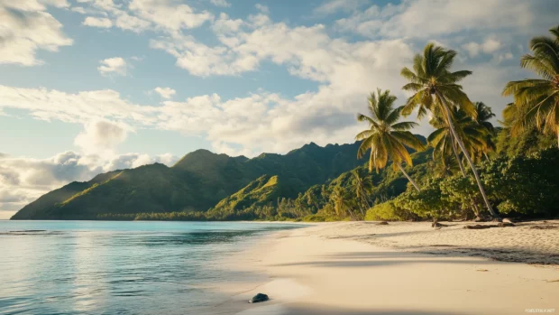 A peaceful tropical island at golden hour with warm sunlight casting long shadows on the soft sand, palm trees.