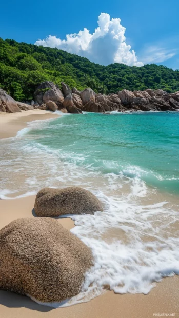 A picturesque beach with turquoise waves.