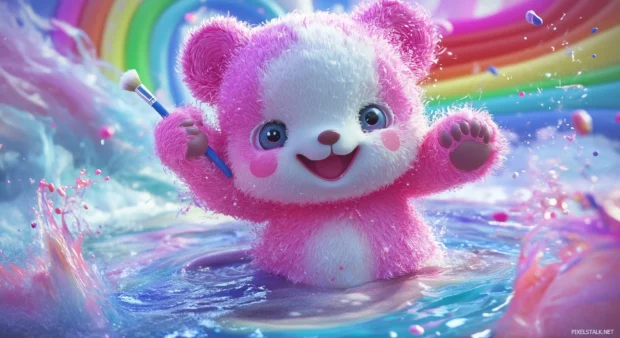 A pink Kawaii bear painting a colorful rainbow, with paint splatters and brushes scattered around.