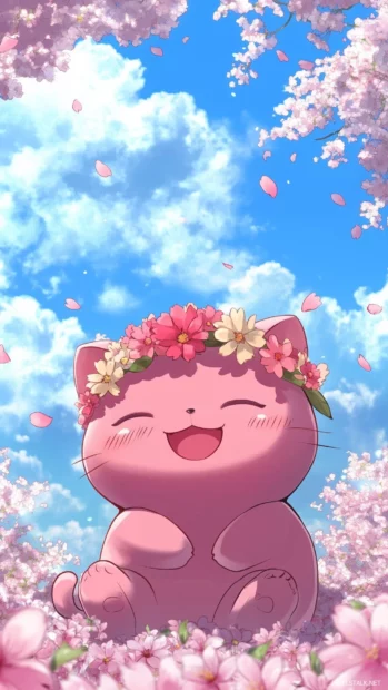 A pink Kawaii cat wearing a flower crown.